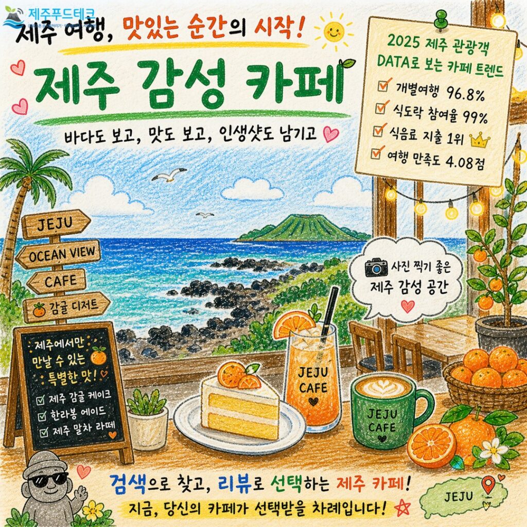 제주도 요식업 트렌드 - 제주 오션뷰 감성 카페 이미지 감귤 디저트 인스타 사진 촬영 인기 카페 분위기