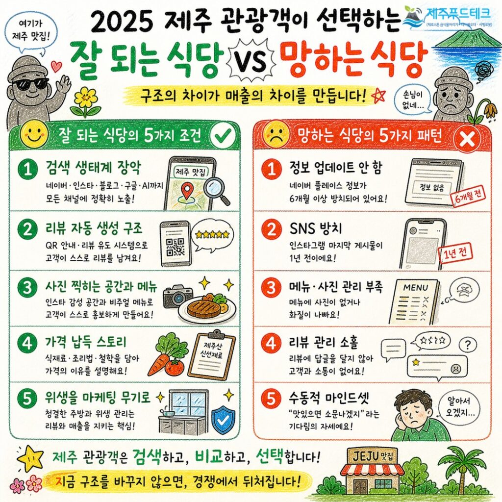 제주도 요식업 트렌드 - 식당 성공과 실패 비교 인포그래픽 검색 노출 리뷰 관리 위생 관리 차이 분석