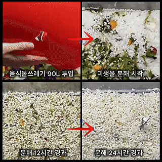 제주 업소용 음식물처리기 제로스톤의 미생물 발효분해 과정을 보여주는 GIF