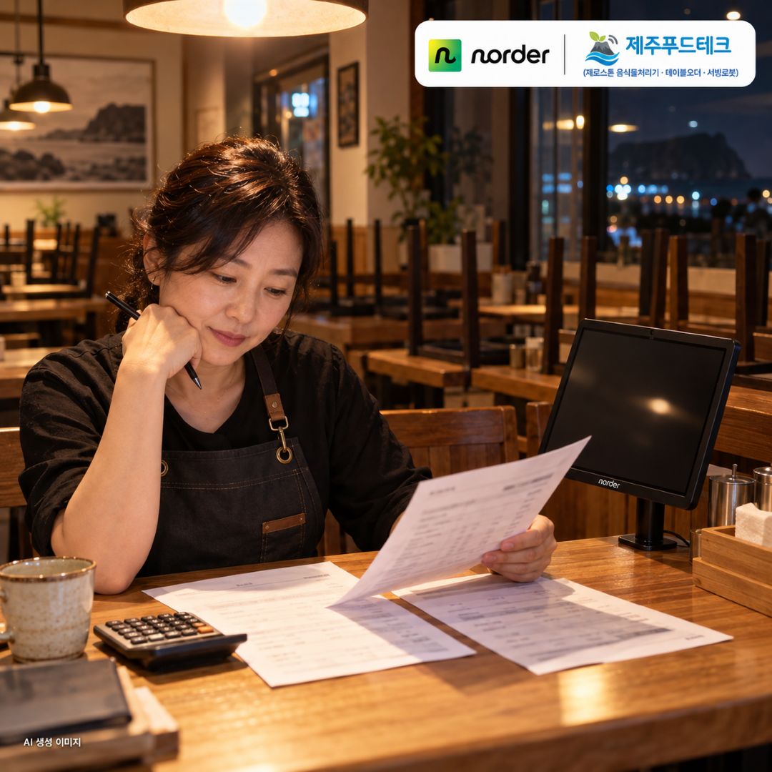 영업을 마친 제주 식당에서 사장님이 테이블오더 견적서 두 장을 계산기로 비교하는 장면