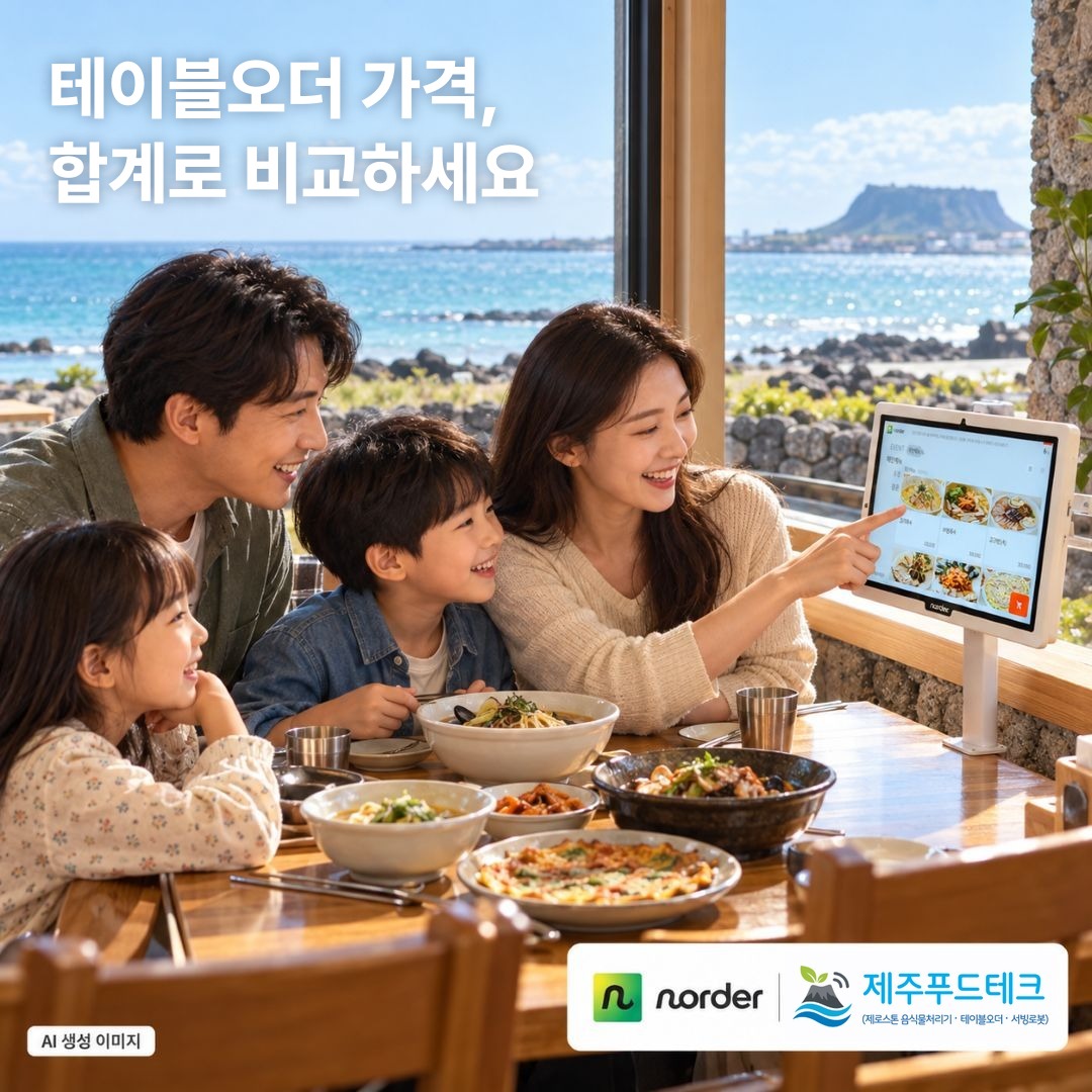 제주 바닷가 식당 창가 테이블 끝에 설치된 N오더 테이블오더로 가족이 주문하는 장면, 제주 테이블오더 가격 비교 대표 이미지
